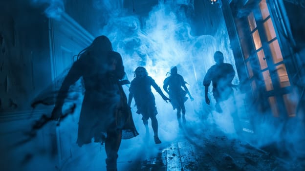 Actors in scary costumes jump out to scare visitors to the haunted house, with eerie lighting and fog effects.Halloween night