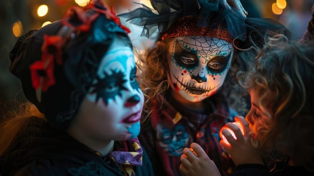 Kids with face paint and costumes getting ready for the night of deception.Death Day Carnival