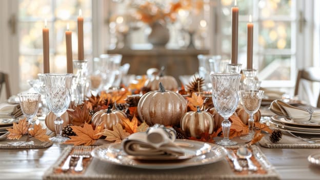 Thanksgiving serving with a centerpiece of light pumpkins ready for the holiday.