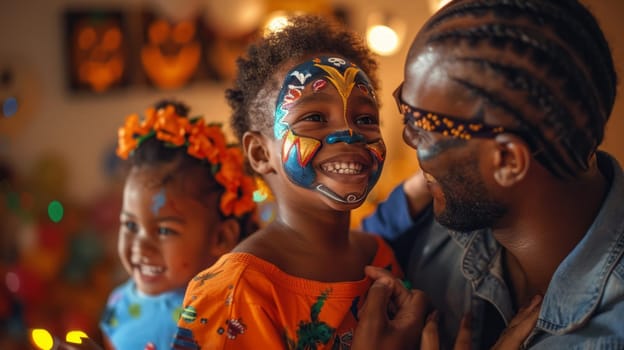 A father with makeup on his face helps his children put on face paint and costumes in preparation for the carnival.