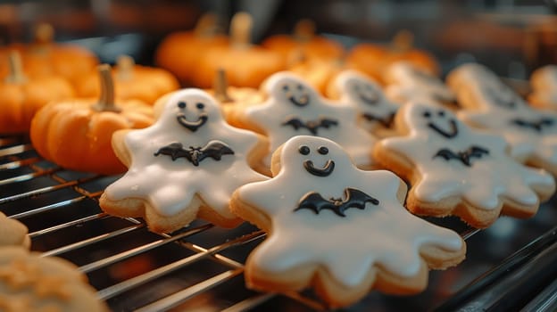 Close-up of a tray with freshly baked Halloween cookies in the shape of ghosts and pumpkins