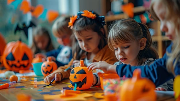 Kids make Halloween crafts at a table littered with paper, glue, and markers, creating masks, lanterns, and decorations. Preparing for a holiday in kindergarten