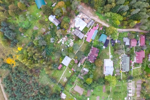 Top view of the village, fields and forests near the village