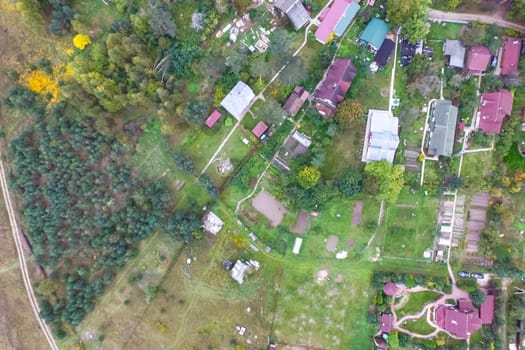 Top view of the village, fields and forests near the village