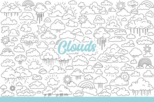 Clouds of different sizes float in sky with raindrops and sun or rainbow. Air clouds for weather forecast or meteorological magazine design about climate change on planet. Hand drawn doodle