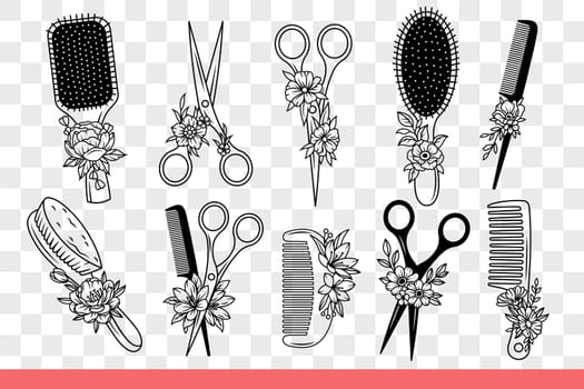 Scissors and combs for hairdressers who do fashionable hairstyles and cut hair. Flowers near scissors with combs to take care of hairdo and get rid of split ends. Hand drawn doodle