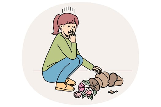 Little girl break flowerpot feeling distressed and emotional. Small child stressed with broken flower pot. Childhood problem. Vector illustration.