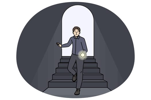 Scared man with flashlight walking in dark tunnel. Frustrated male with light in hands enter black room. Darkness and fear. Vector illustration.
