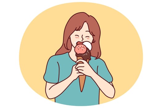 Teenage girl eats sweet fruity or chocolate flavored ice cream for freshness in hot summer weather. Little girl of school age with ice cream in waffle cone enjoys taste of natural milk dessert