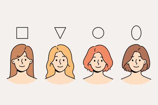 Women with various face shapes smile standing near shapes of triangle and square and circle with oval. Variants of structure of face and head of girls who need different cosmetology techniques