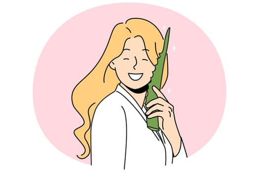 Smiling woman with aloe vera recommend organic natural product for skincare. Happy girl with plant give recommendation for healthy glowing skin. Vector illustration.