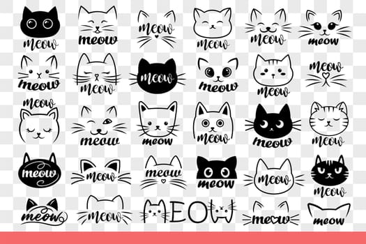 Cats head with meow word and cute emotions for logo of zoo store with pet products. Cats and kittens of different breeds for design of magazine about pet care and veterinary advice. Hand drawn doodle