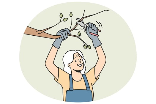Old woman in uniform cutting branches on tree in garden. Smiling mature pensioner gardening take care of trees. Horticulture and elderly hobby. Vector illustration.