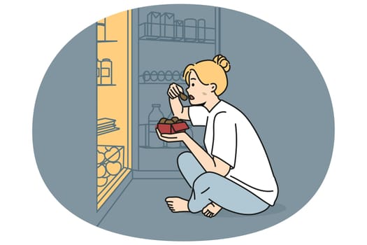 Woman sit on floor near fridge eating at night. Hungry girl near refrigerator suffer from eating disorder. Diet and nutrition problem. Vector illustration.