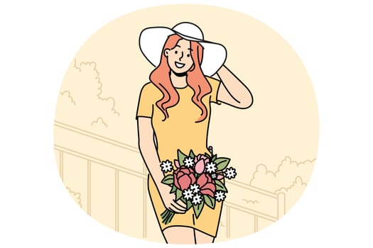 Smiling woman in hat posing with flowers on stairs. Happy girl holding bouquet enjoy summer day. Vector illustration.