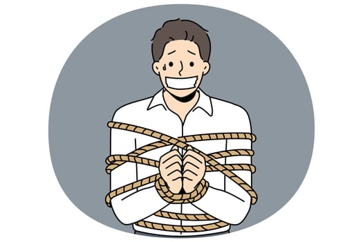 Businessman tied in ropes with sealed mouth. Scared male employee as hostage or victim of kidnapping. Vector illustration.