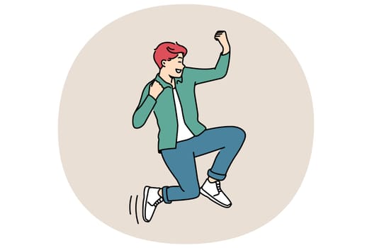 Overjoyed man jumping in air celebrating success or triumph. Smiling guy feel excited and euphoric succeed in achievement or accomplishment. Vector illustration.