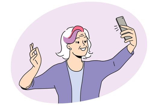 Happy elderly woman with colorful hair make selfie on smartphone. Smiling old grandmother feel cool and positive take self-portrait picture on cell. Vector illustration.