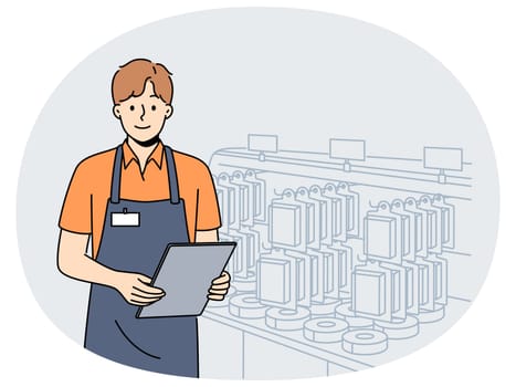Male employee in uniform working in building hypermarket. Smiling man consultant standing near shelf in supermarket. Occupation concept. Vector illustration.