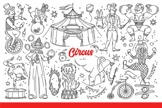 Circus performers and animals entertain spectators during performances in tent. Clowns or acrobats from traveling circus train dogs and lions or perform magic tricks. Hand drawn doodle