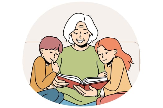 Caring smiling grandmother reading book to little grandchildren. Happy granny enjoy time with literature with small grandkids. Vector illustration.