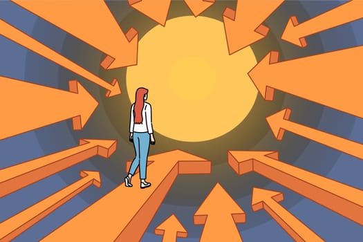 Business woman boldly follows risky path made of arrows pointing to big goal, as metaphor for pursuit of success. Brave girl overcomes tunnel on path to career growth or personal happiness