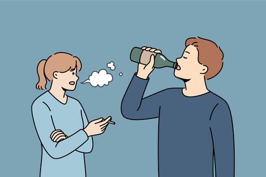 People with harmful addiction destroy health due to inability to give up drinking beer and alcohol. Man and woman experience addiction and see antisocial lifestyle using liquor and tobacco