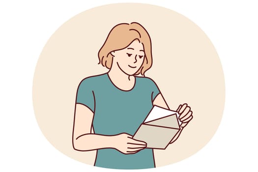 Woman with envelope in hands reads letter received in mail with invitation to entertainment event or conference. Girl with notice from bank in postal envelope demanding payment of interest on loan