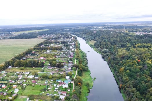 Top view of the village, fields and forests near the village