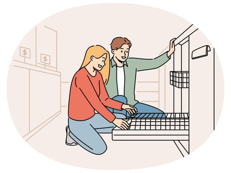 Smiling couple choosing dishwasher in hypermarket. Happy man and woman look at dishwashing machine in store. Household shopping. Vector illustration.