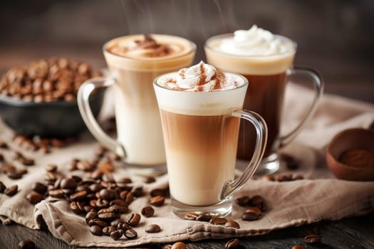 Variety of coffee like cappuccino, macchiato, milk coffee, hot drink for breakfast, take a break