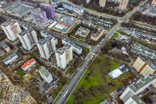 Top view of the city of Moscow, buildings and roads and other infrastructure of the city. Cityscape view from above.