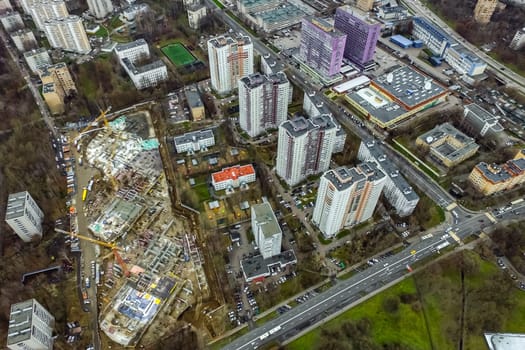 Top view of the city of Moscow, buildings and roads and other infrastructure of the city. Cityscape view from above.