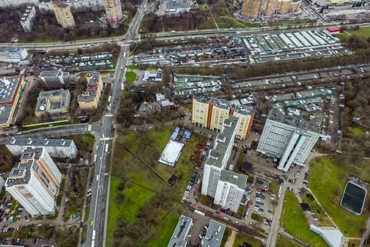 Top view of the city of Moscow, buildings and roads and other infrastructure of the city. Cityscape view from above.