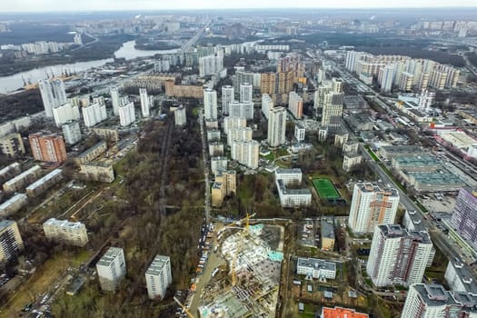 Top view of the city of Moscow, buildings and roads and other infrastructure of the city. Cityscape view from above.