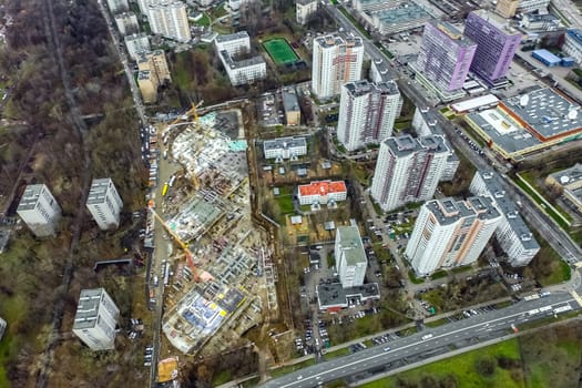 Top view of the city of Moscow, buildings and roads and other infrastructure of the city. Cityscape view from above.