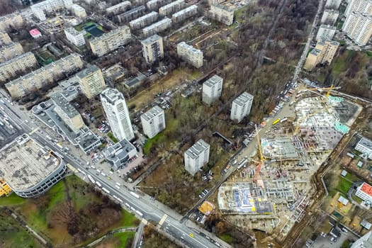 Top view of the city of Moscow, buildings and roads and other infrastructure of the city. Cityscape view from above.