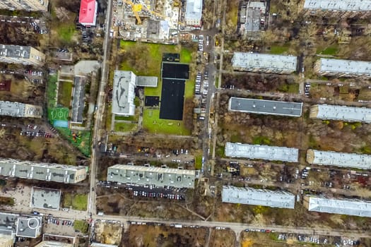 Top view of the city of Moscow, buildings and roads and other infrastructure of the city. Cityscape view from above.