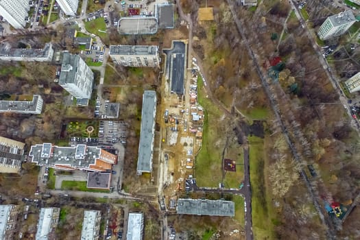 Top view of the city of Moscow, buildings and roads and other infrastructure of the city. Cityscape view from above.