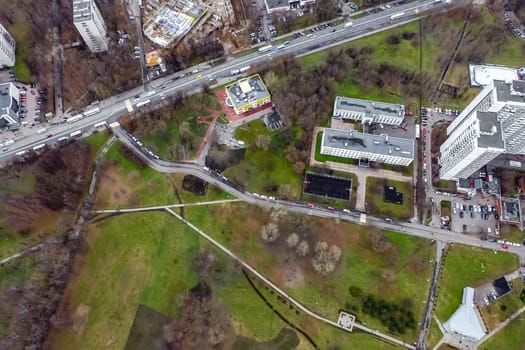 Top view of the city of Moscow, buildings and roads and other infrastructure of the city. Cityscape view from above.