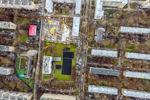 Top view of the city of Moscow, buildings and roads and other infrastructure of the city. Cityscape view from above.