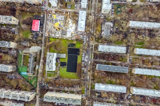 Top view of the city of Moscow, buildings and roads and other infrastructure of the city. Cityscape view from above.