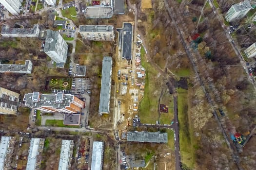 Top view of the city of Moscow, buildings and roads and other infrastructure of the city. Cityscape view from above.