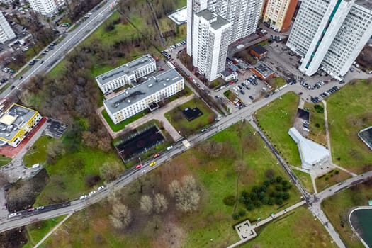Top view of the city of Moscow, buildings and roads and other infrastructure of the city. Cityscape view from above.