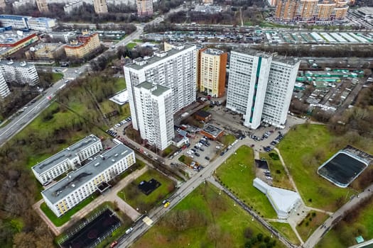 Top view of the city of Moscow, buildings and roads and other infrastructure of the city. Cityscape view from above.