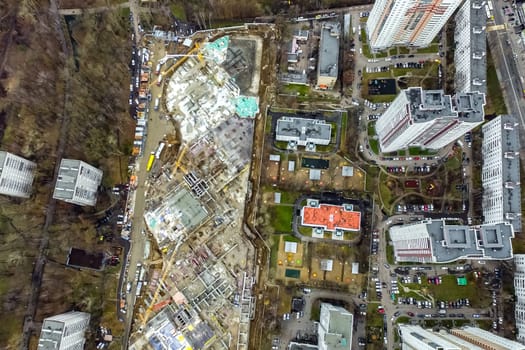 Top view of the city of Moscow, buildings and roads and other infrastructure of the city. Cityscape view from above.