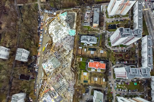 Top view of the city of Moscow, buildings and roads and other infrastructure of the city. Cityscape view from above.