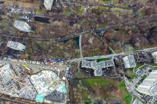 Top view of the city of Moscow, buildings and roads and other infrastructure of the city. Cityscape view from above.