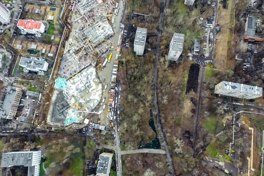 Top view of the city of Moscow, buildings and roads and other infrastructure of the city. Cityscape view from above.