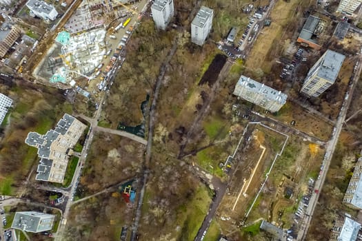 Top view of the city of Moscow, buildings and roads and other infrastructure of the city. Cityscape view from above.